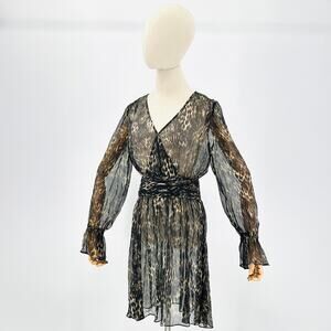 Milly Sheer Cover Up Black Brown Leopard Animal Print Ruffle Mini Dress
